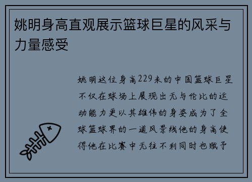 姚明身高直观展示篮球巨星的风采与力量感受
